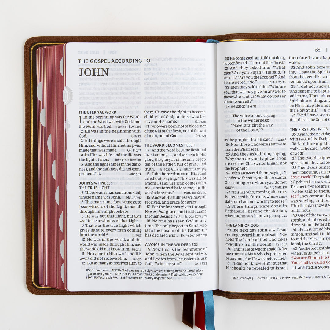 NKJV End-of-Verse Reference Bible - Large Print - Premium Goatskin - Brown, Thumb Indexed, Premier Collection