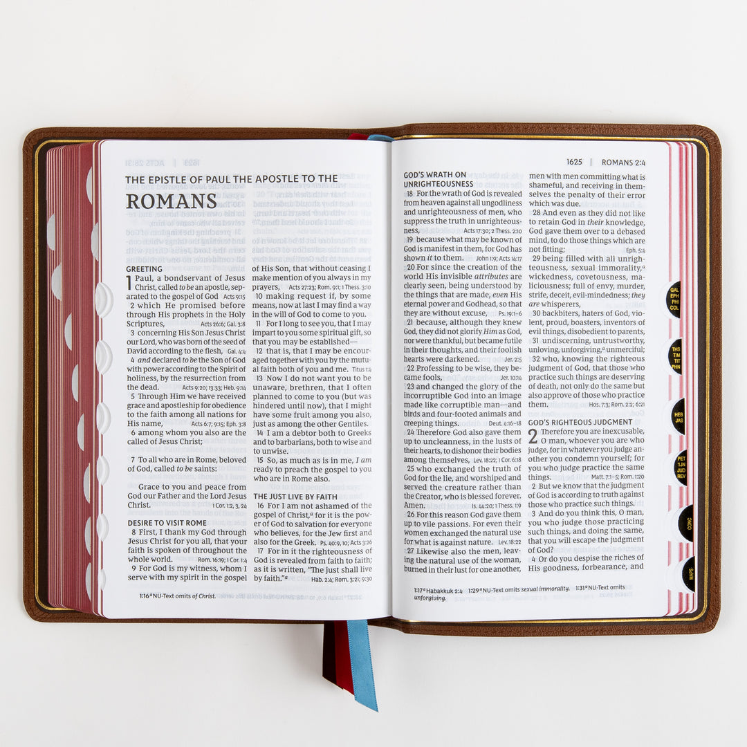 NKJV End-of-Verse Reference Bible - Large Print - Premium Goatskin - Brown, Thumb Indexed, Premier Collection