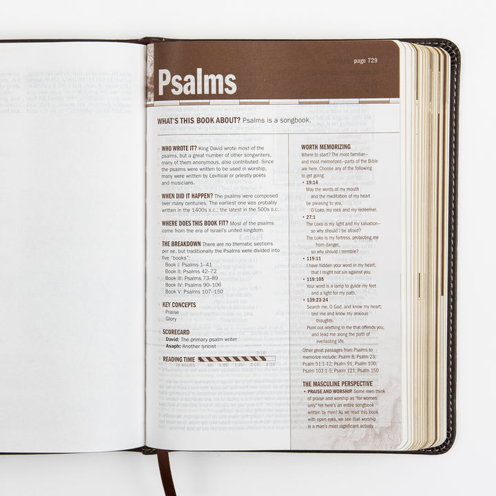 Open Bible page spread introducing the book of Psalms, with a brown &