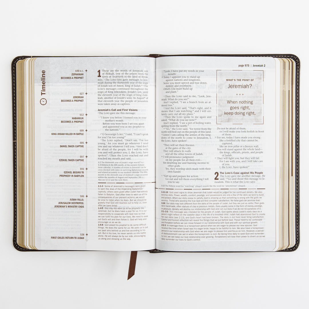 Open Bible page spread with a Timeline sidebar of Old Testament prophets and events alongside the beginning of Jeremiah, including a &