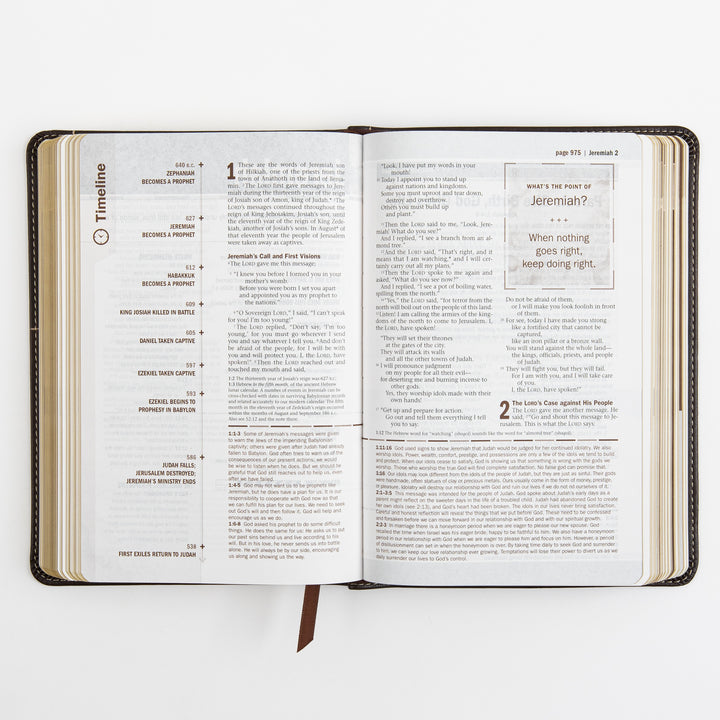 Open Bible page spread with a Timeline sidebar of Old Testament prophets and events alongside the beginning of Jeremiah, including a &