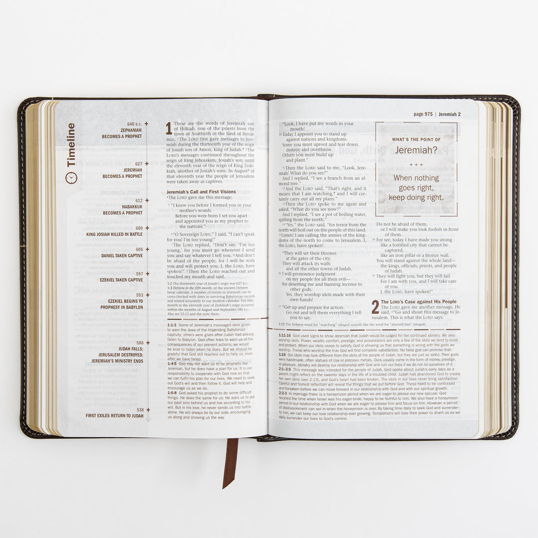 Open Bible page spread with a Timeline sidebar of Old Testament prophets and events beside the beginning of Jeremiah, including a &