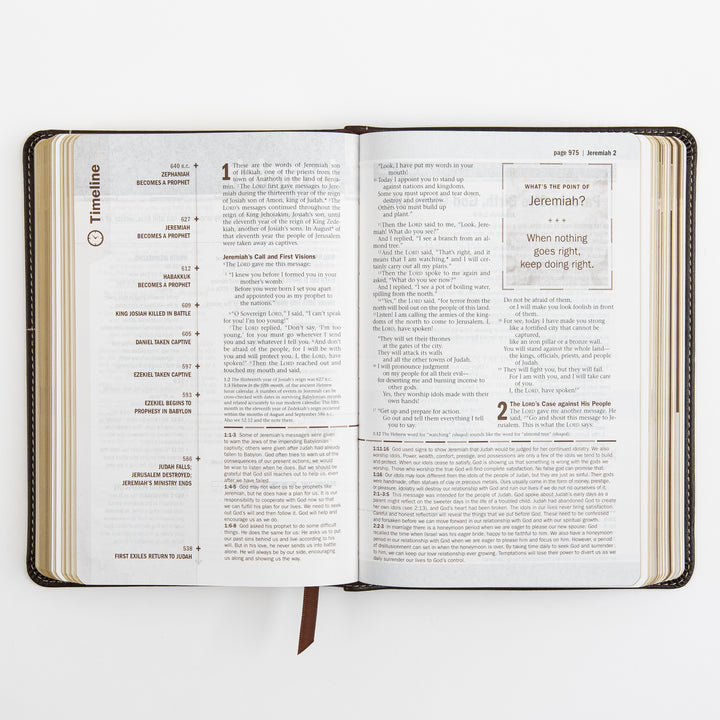 Open Bible page spread with a Timeline sidebar of Old Testament prophets and events beside the beginning of Jeremiah, including a &