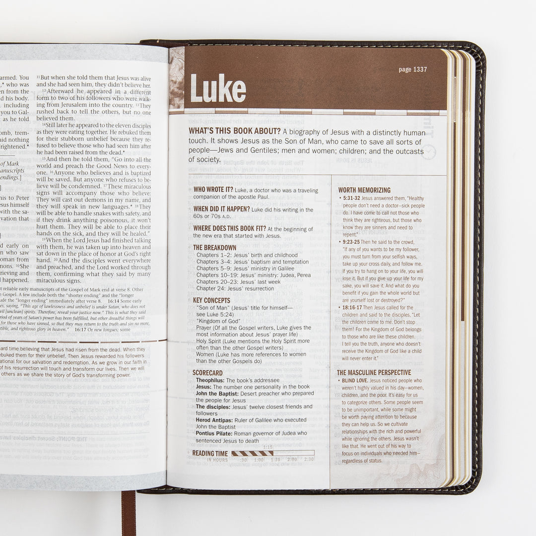 Open Bible page spread introducing the Gospel of Luke, with a brown &