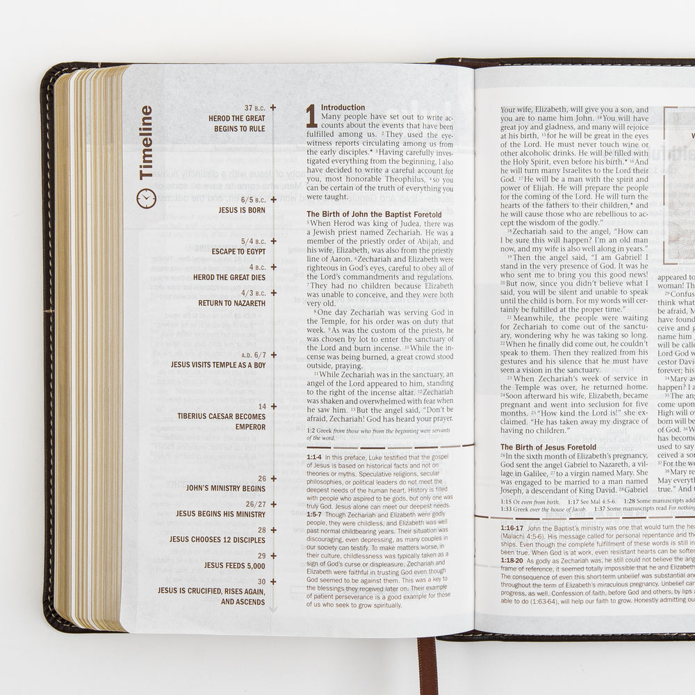Open Bible page spread at the start of Luke's Gospel, with a Timeline sidebar in the margin listing events from Herod the Great's rise to power through Jesus' crucifixion, alongside the text of Luke 1 introducing the Gospel and the birth of John the Baptist foretold.