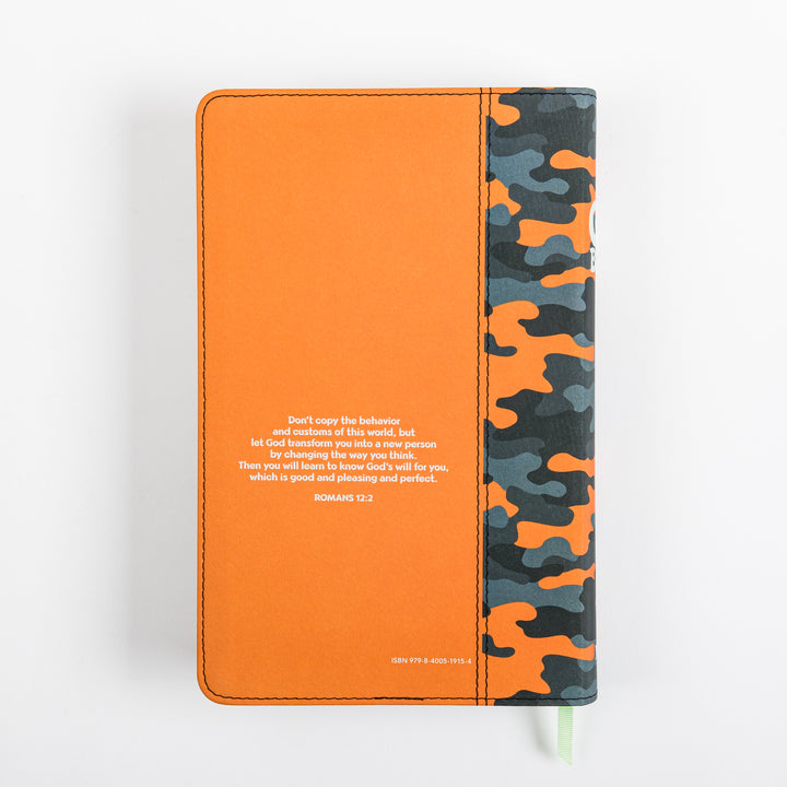 Flat lay of the NLT GO Bible for Kids back cover in orange leatherlike material printed with the Romans 12:2 verse in white text, bordered by a black-and-orange camouflage panel along the spine edge and a green ribbon marker.