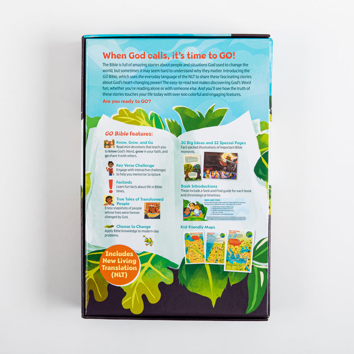 Back of the NLT GO Bible for Kids retail box with a &