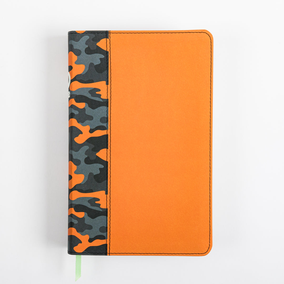 Flat lay of the NLT GO Bible for Kids front cover in orange leatherlike material with black stitching, a green ribbon marker, and a black-and-orange camouflage panel along the spine edge.