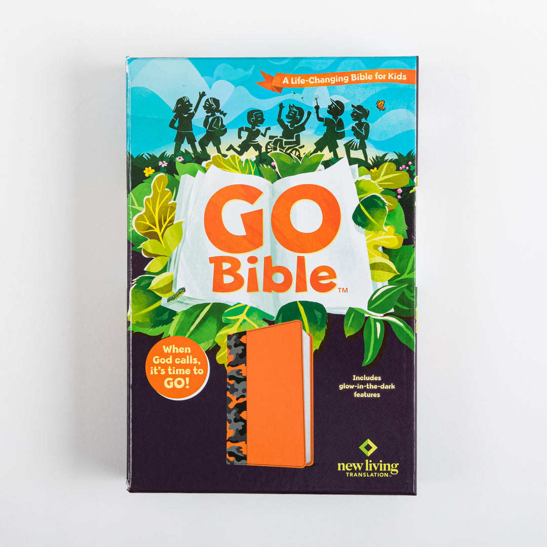 Front of the NLT GO Bible for Kids retail box featuring an illustration of children&