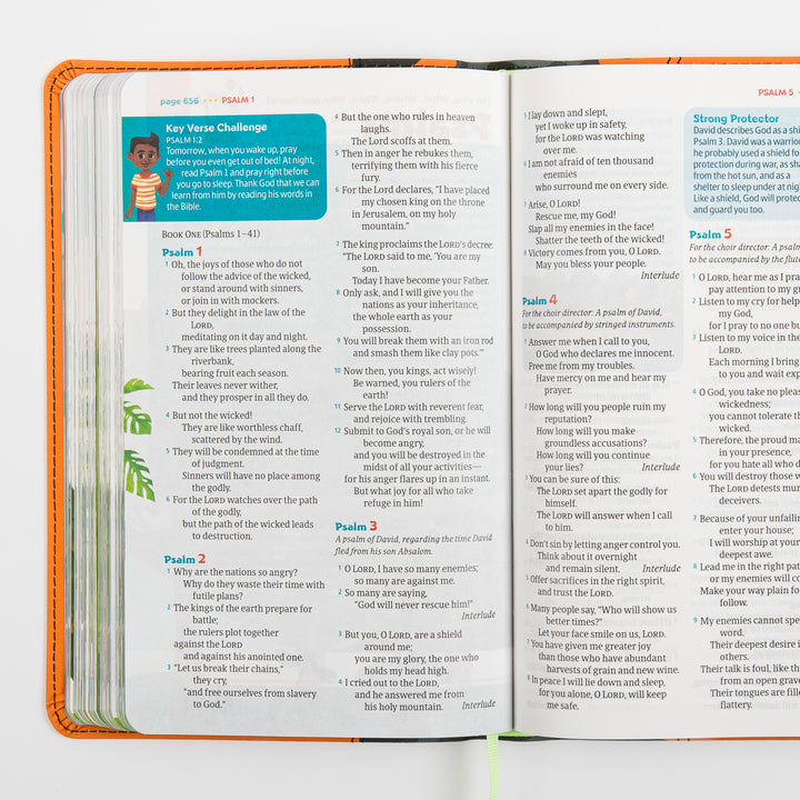 Open interior spread of the NLT GO Bible for Kids showing Psalms 1 through 5, with a blue &