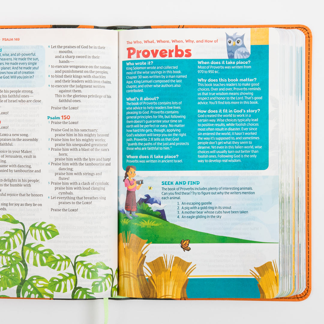 Open interior spread of the NLT GO Bible for Kids showing the closing verses of Psalms on the left page and a &
