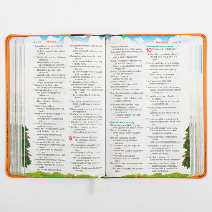 Open interior spread of the NLT GO Bible for Kids showing plain Bible text columns from Proverbs chapters 8 through 10, with no illustrations on this spread.