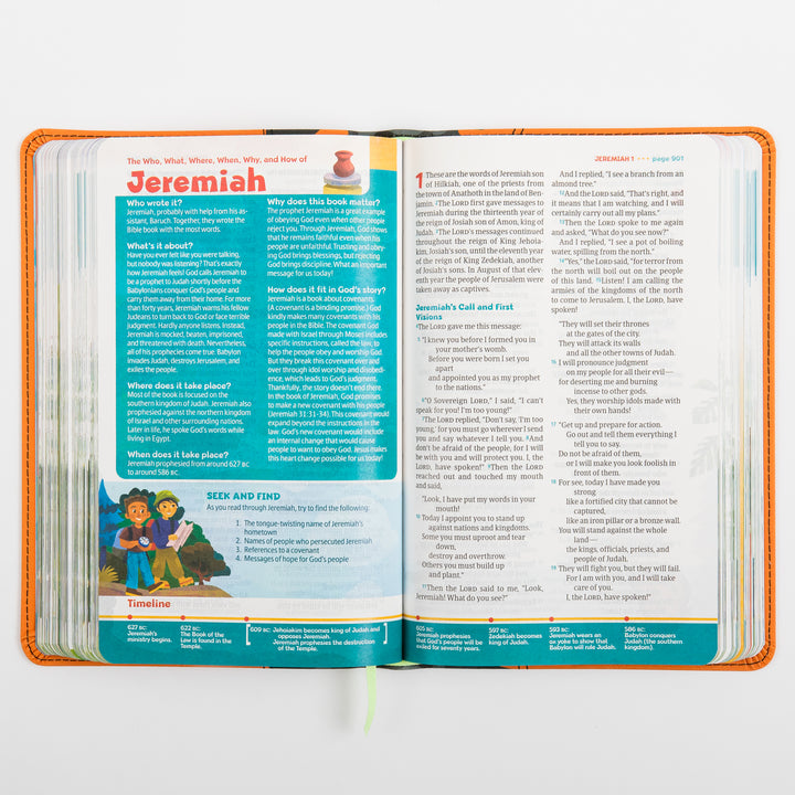 Open interior spread of the NLT GO Bible for Kids with a &