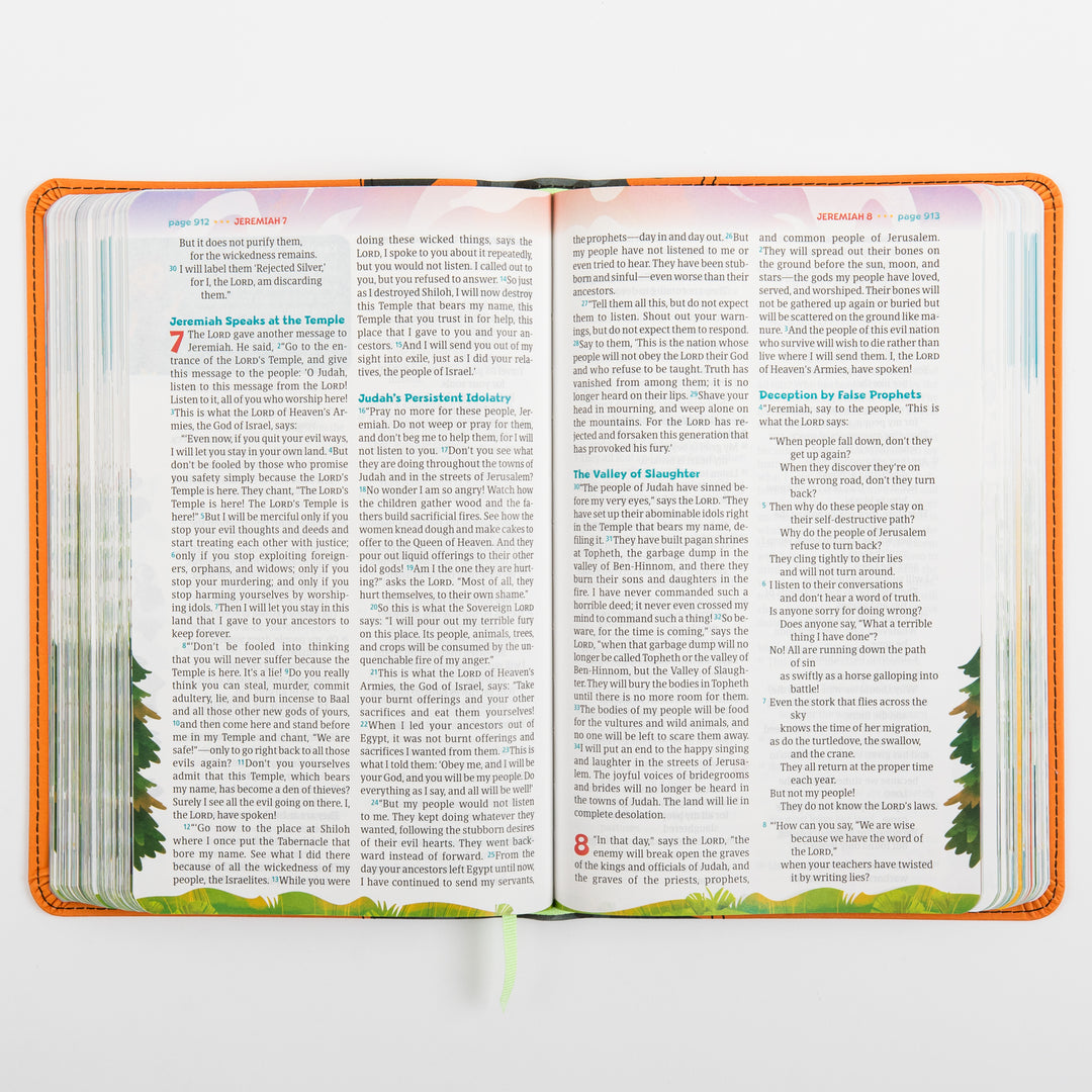 Open interior spread of the NLT GO Bible for Kids showing plain Bible text columns from Jeremiah chapters 7 and 8, including the headings &