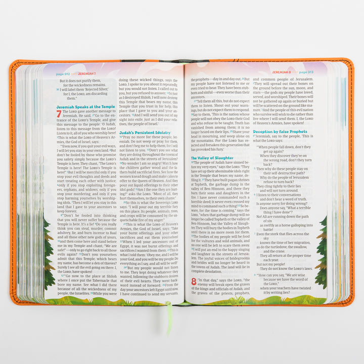 Open interior spread of the NLT GO Bible for Kids showing plain Bible text columns from Jeremiah chapters 7 and 8, including the headings &