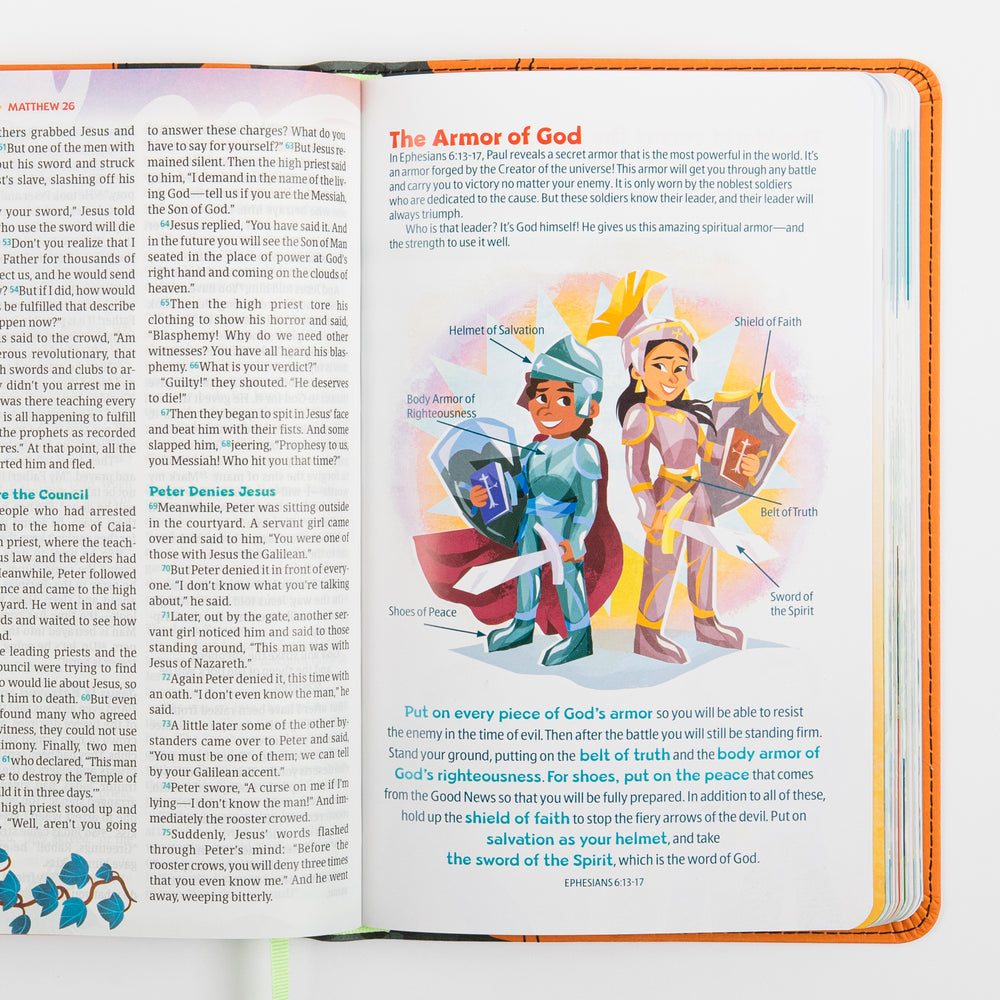 Open interior spread of the NLT GO Bible for Kids showing Matthew 26 Bible text on the left page and a full-page 'Armor of God' illustration on the right depicting a boy and girl dressed in labeled spiritual armor -- helmet of salvation, shield of faith, belt of truth, body armor of righteousness, shoes of peace, and sword of the Spirit -- based on Ephesians 6:13-17.