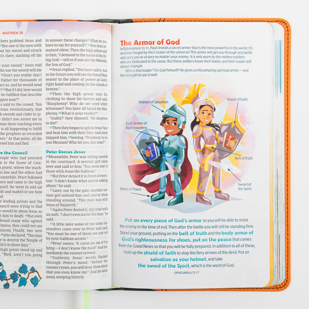 Open interior spread of the NLT GO Bible for Kids showing Matthew 26 Bible text on the left page and a full-page &