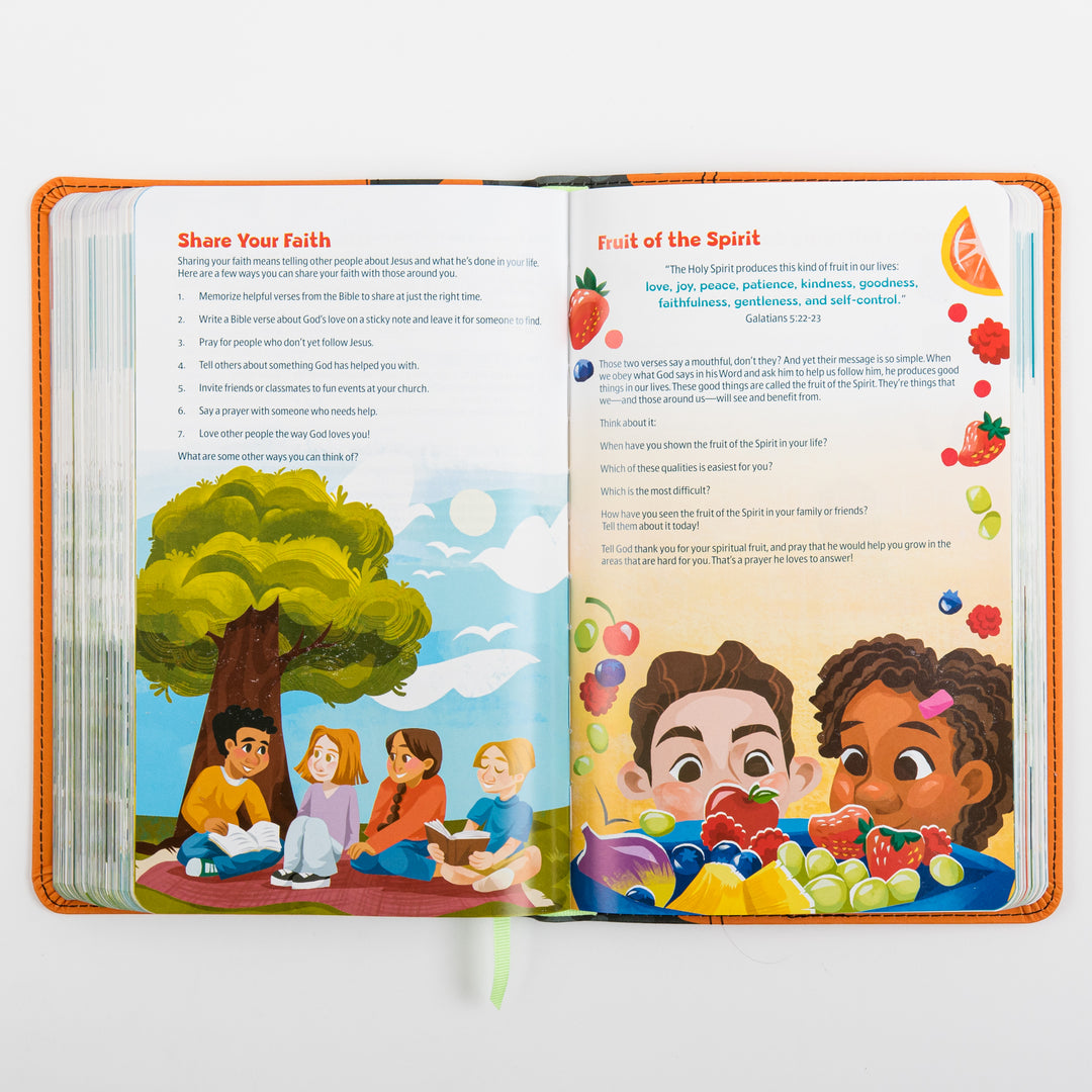 Open interior spread of the NLT GO Bible for Kids with a &