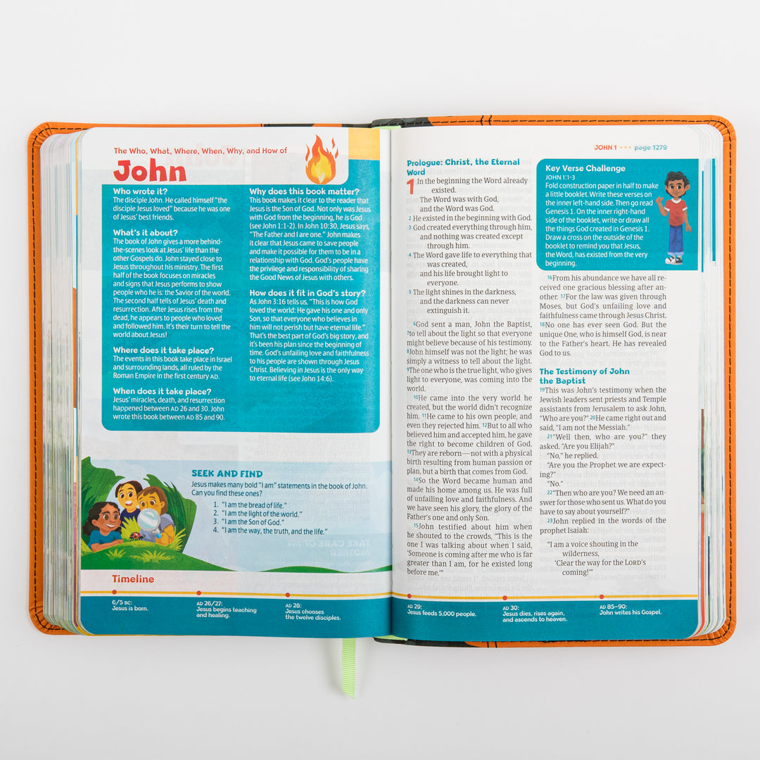 Open interior spread of the NLT GO Bible for Kids with a &