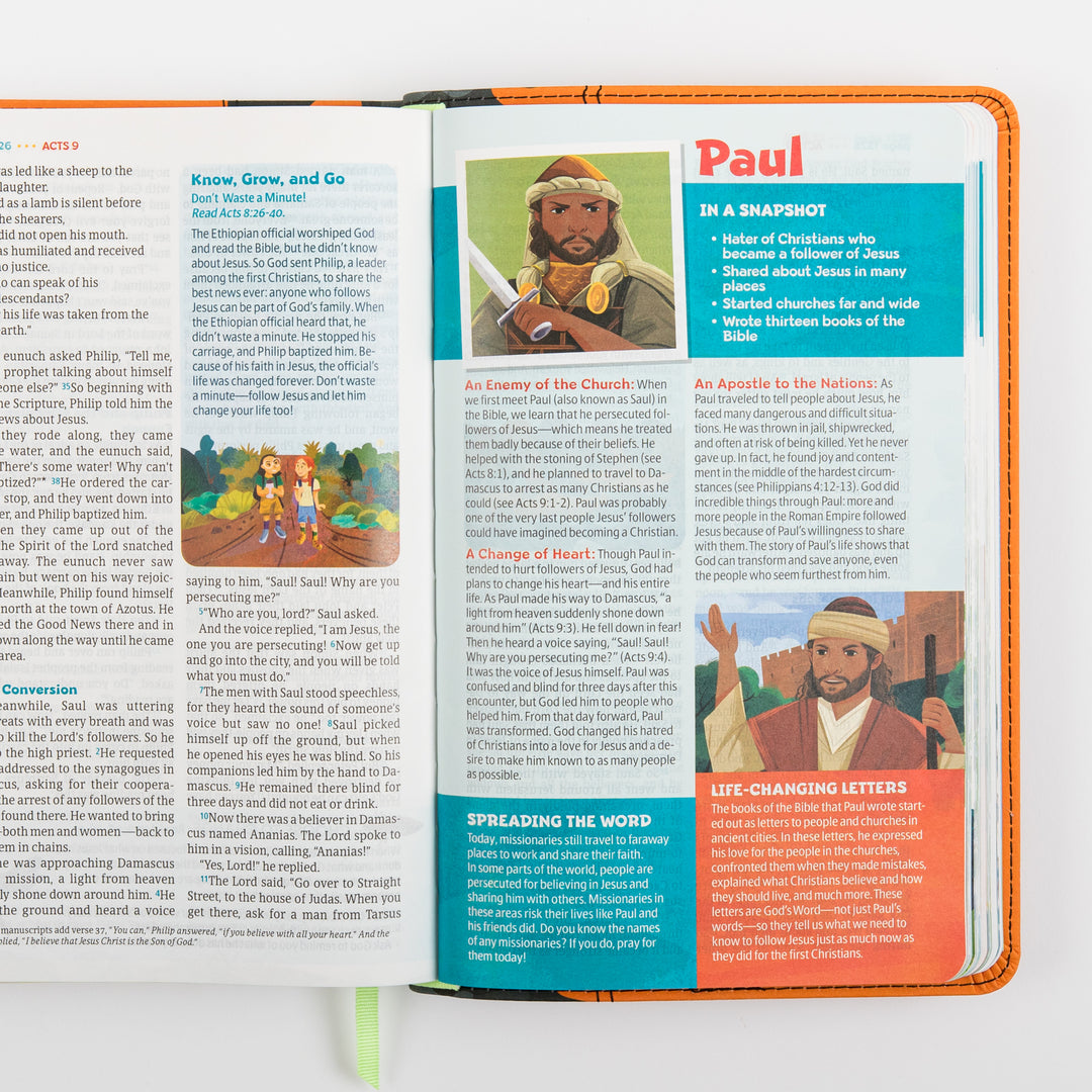 Open interior spread of the NLT GO Bible for Kids featuring a &