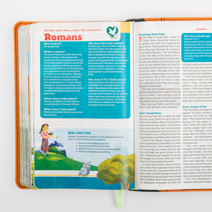 Open interior spread of the NLT GO Bible for Kids with a &