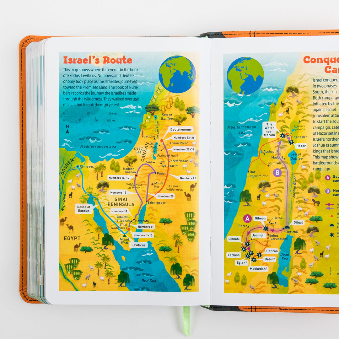 Open interior spread of the NLT GO Bible for Kids showing two illustrated maps: &