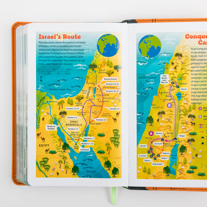 Open interior spread of the NLT GO Bible for Kids showing two illustrated maps: &