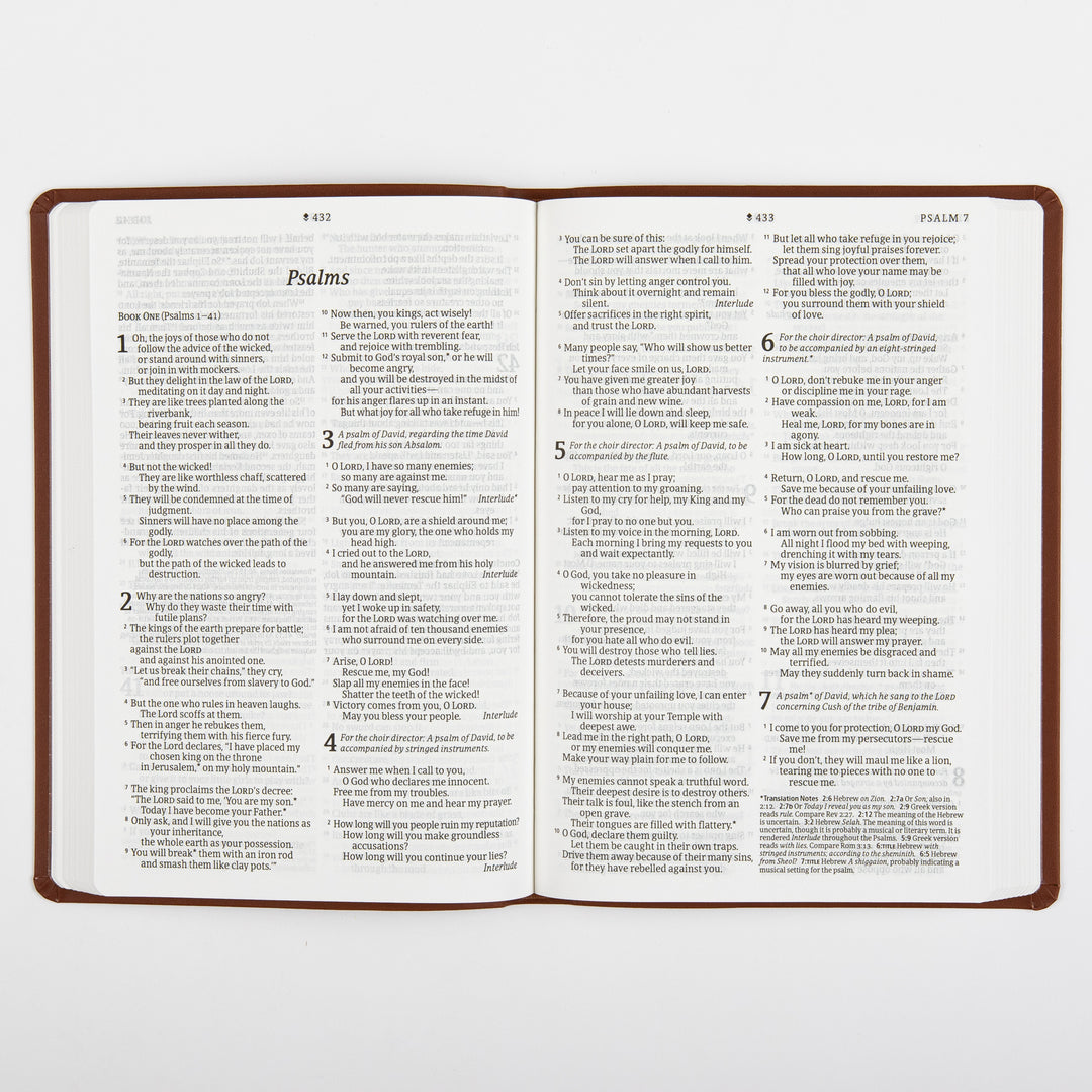 Open two-page spread showing the start of the book of Psalms in large print, with the heading Psalms and Book One (Psalms 1-41) followed by Psalms 1 through 7 in two columns, page numbers 432 and 433, framed by the brown leatherlike cover.