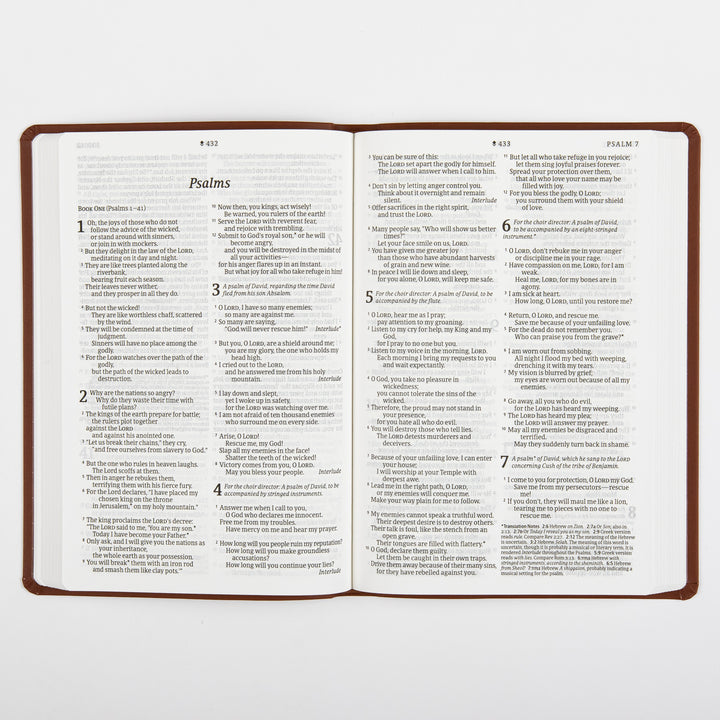 Open two-page spread showing the start of the book of Psalms in large print, with the heading Psalms and Book One (Psalms 1-41) followed by Psalms 1 through 7 in two columns, page numbers 432 and 433, framed by the brown leatherlike cover.
