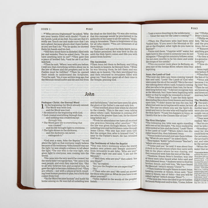 Open two-page spread of the Bible showing the end of John chapter 1 and beginning of chapter 2 in large print black text, with italicized section headings such as The Ascension, Jesus the Lamb of God, and The Testimony of John the Baptist, page numbers 842 and 843, and the brown leatherlike cover edge visible around the pages.