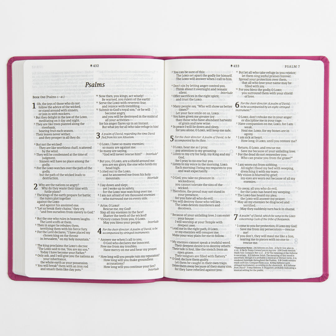 Open Bible interior spread at Psalm 7, two columns of large-print black text per page with italic superscript headings and verse numbers, page numbers 432 and 433 at top, pink cover edges visible along the outer frame.