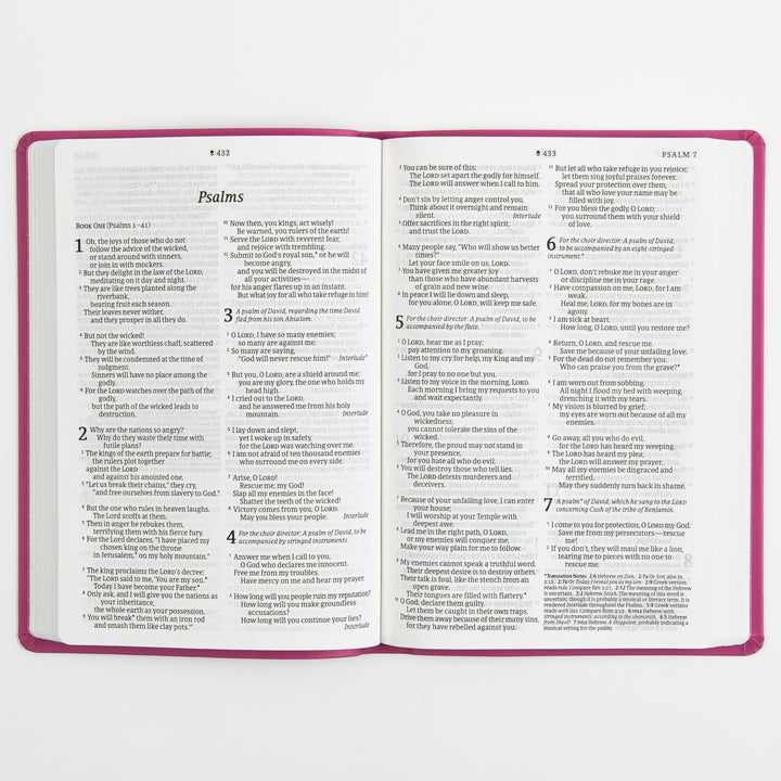 Open Bible interior spread at Psalm 7, two columns of large-print black text per page with italic superscript headings and verse numbers, page numbers 432 and 433 at top, pink cover edges visible along the outer frame.