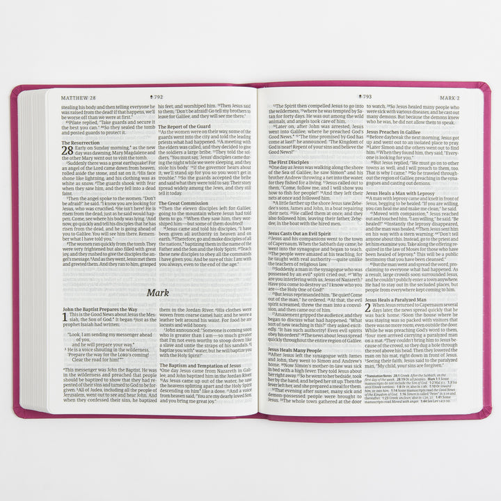 Open Bible interior spread showing the end of Matthew 28 on the left page and the start of Mark on the right, with the italic book title Mark centered above two columns of large-print black text; pink cover edges visible at the margins.