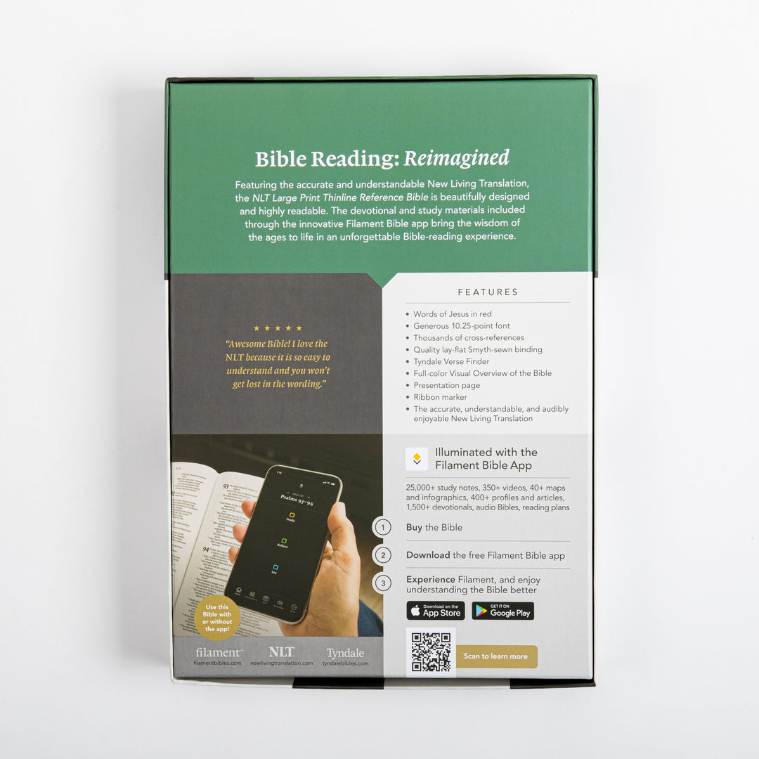 Back of the retail box for the NLT Large Print Thinline Reference Bible, headed &