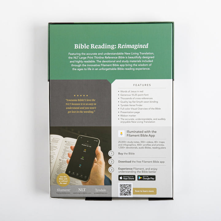Back of the retail box for the NLT Large Print Thinline Reference Bible, headed &