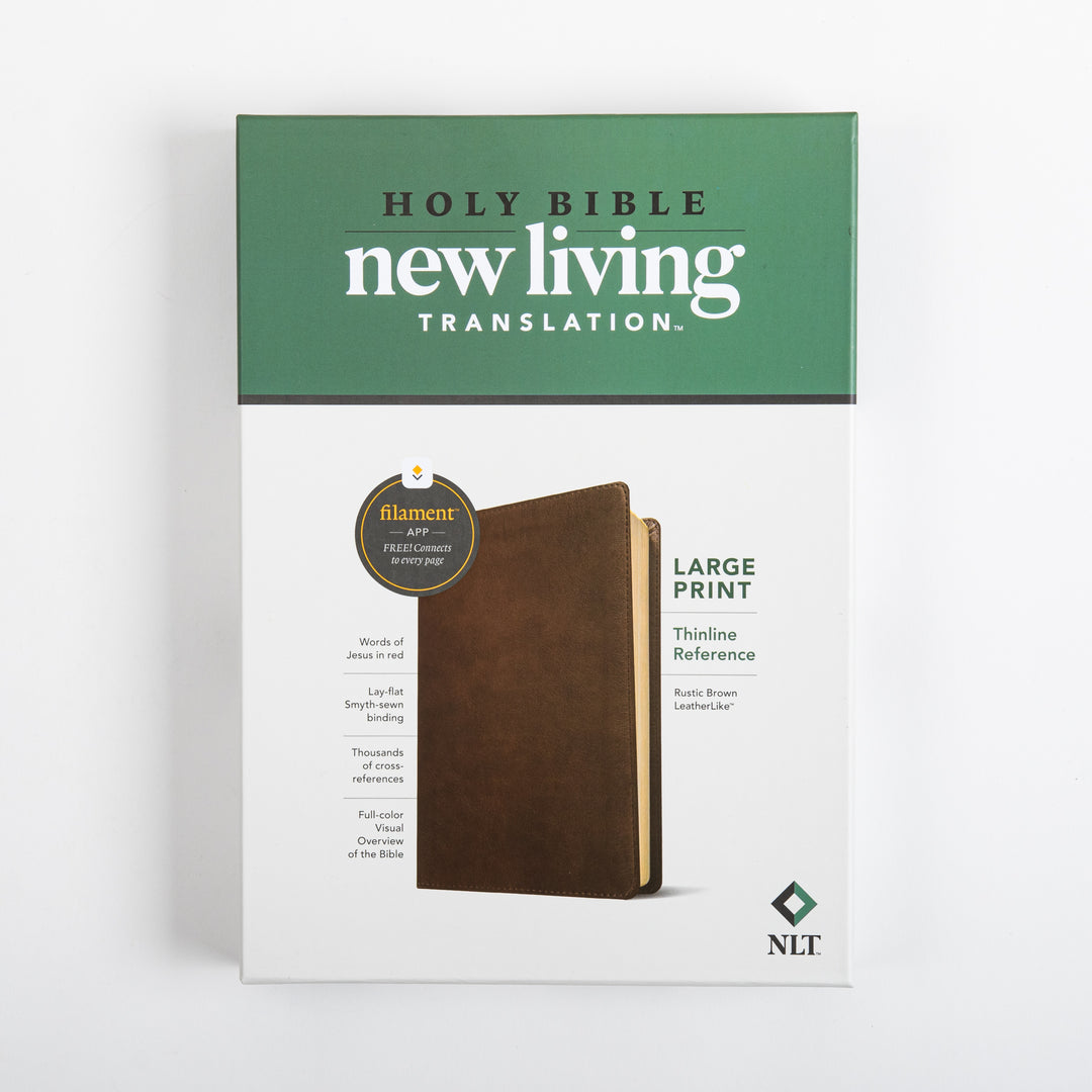 Front of the retail box for the NLT Large Print Thinline Reference Bible, Filament Enabled, with a green &