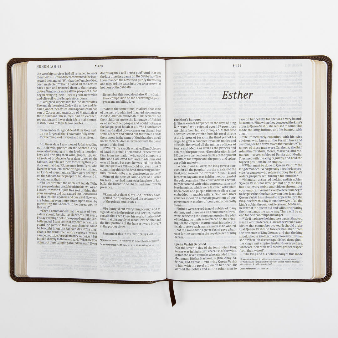 Open Bible spread showing the end of Nehemiah and the large-print italic title page for the book of Esther, with two-column large-print text, footnoted translation notes, and cross-references along the bottom margin.