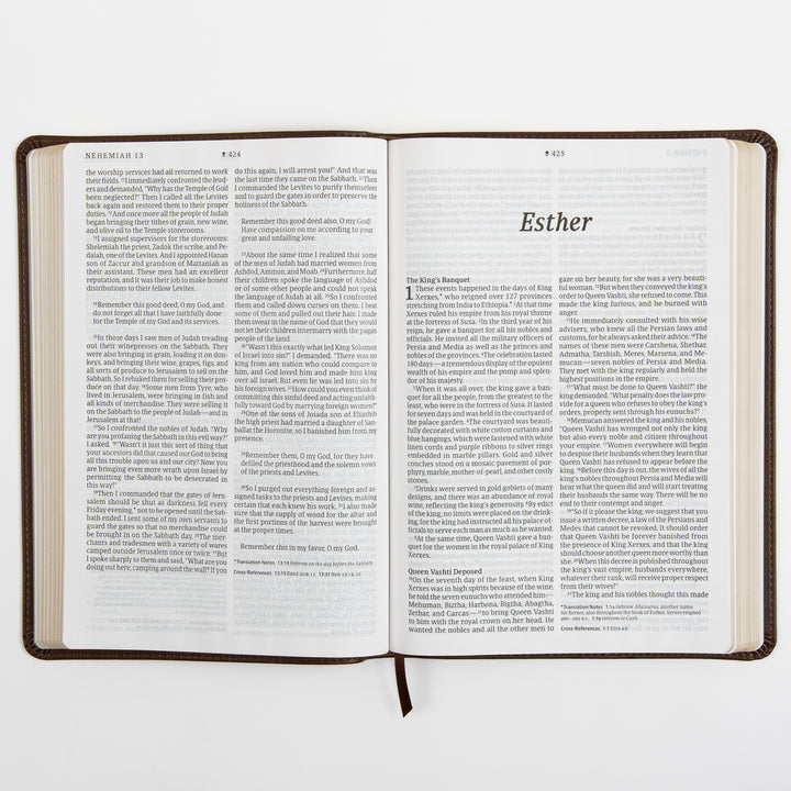 Open Bible spread showing the end of Nehemiah and the large-print italic title page for the book of Esther, with two-column large-print text, footnoted translation notes, and cross-references along the bottom margin.