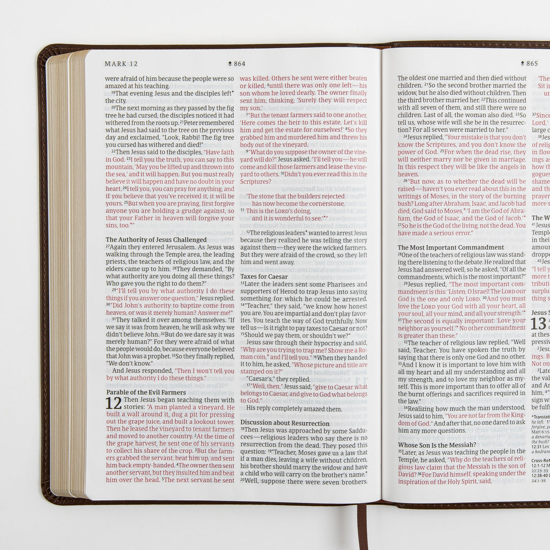 Open Bible spread in Mark chapter 12, showing red-letter text for Jesus&