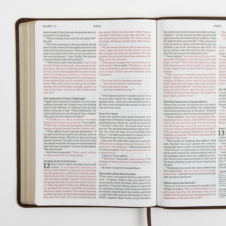 Open Bible spread in Mark chapter 12, showing red-letter text for Jesus&