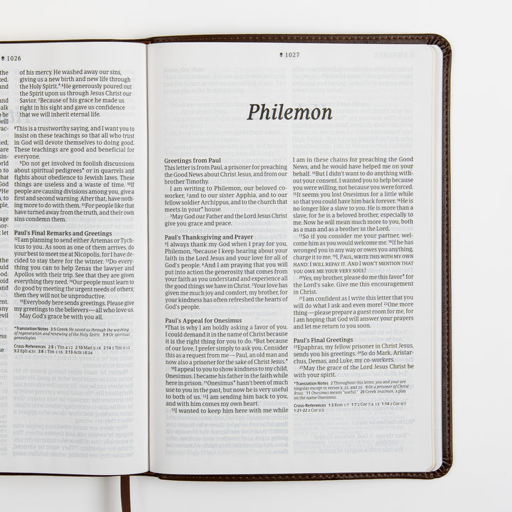 Open Bible spread showing the complete short book of Philemon on a two-page spread, with the title page and full text in large-print two-column format, plus footnotes and cross-references.
