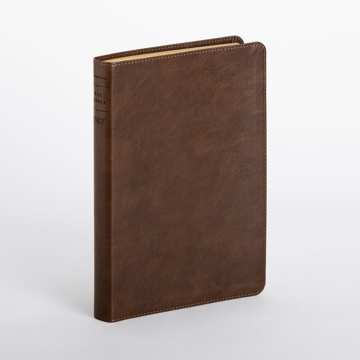 NLT Large Print Thinline Reference Bible in rustic brown leatherlike cover, standing upright and angled to show the spine embossed with &