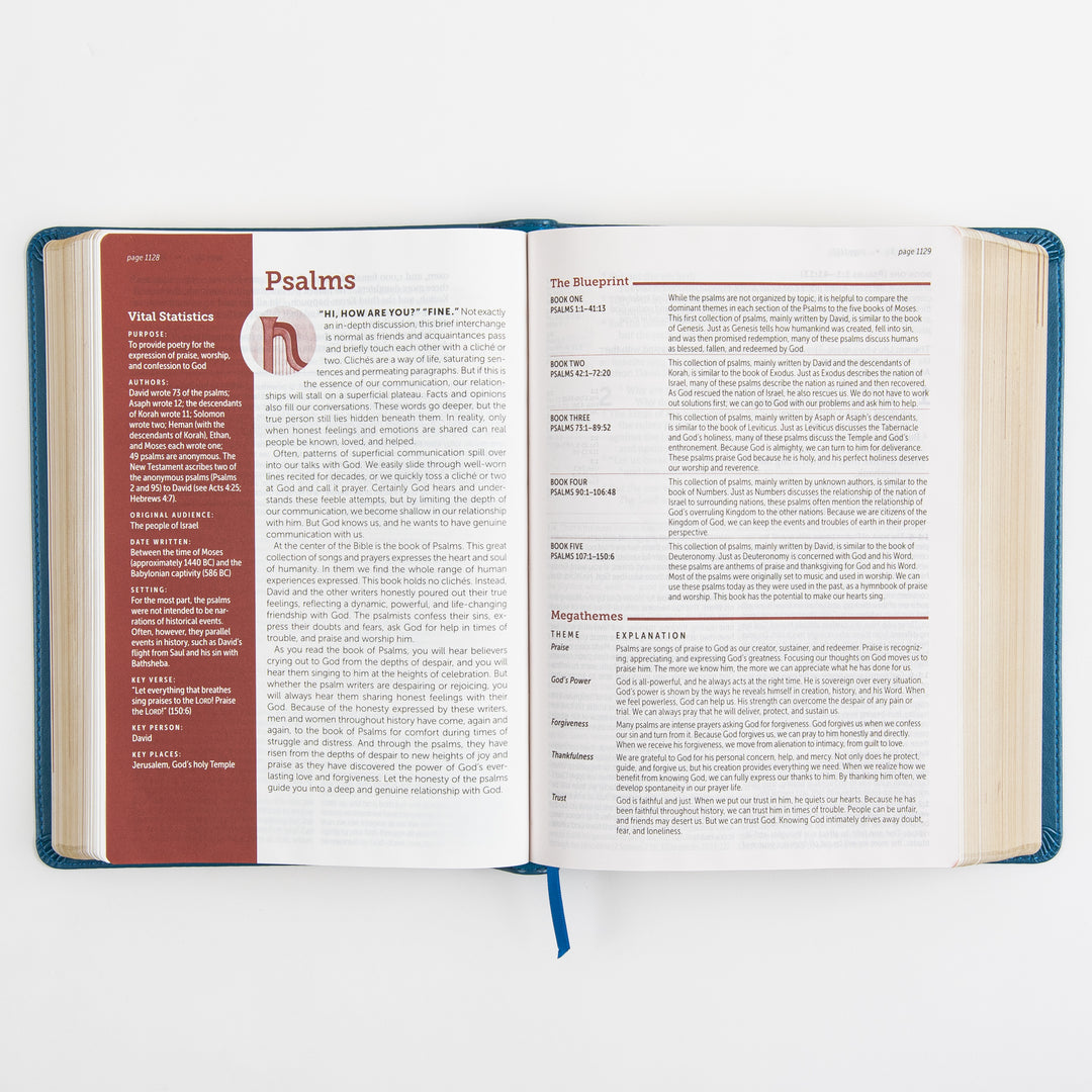 Open Bible to the introduction of Psalms, showing a red &