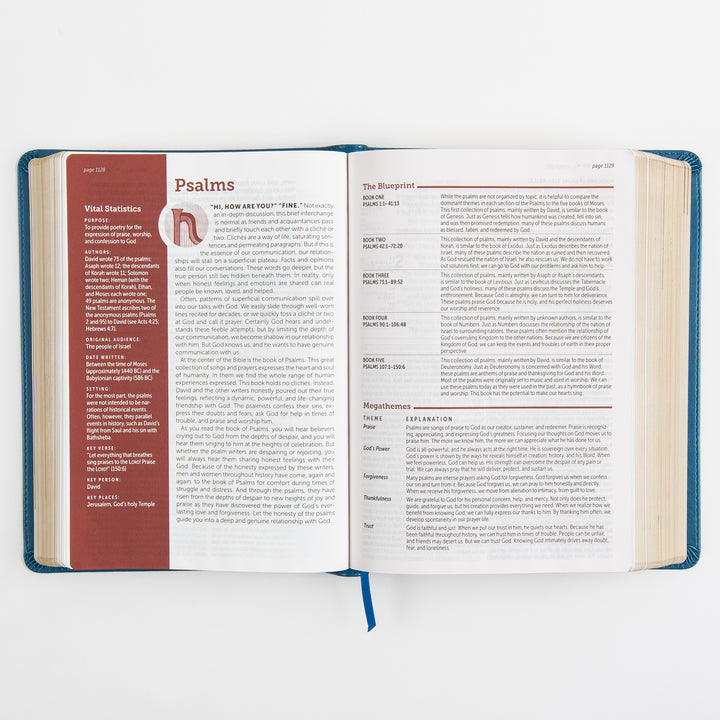 Open Bible to the introduction of Psalms, showing a red &