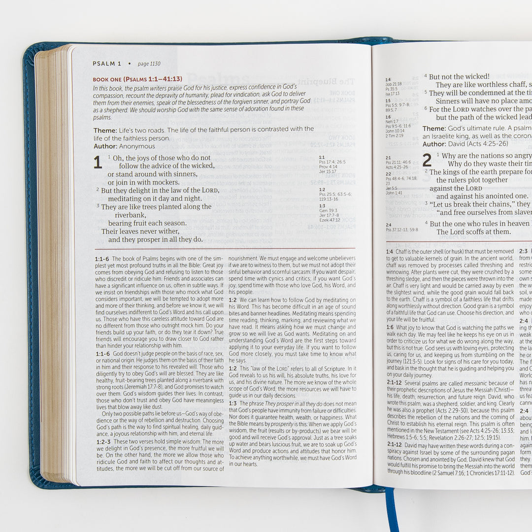 Open Bible to Psalms 1-2, showing the Book One introduction note, Psalm 1 text with cross-reference notes in the side column, and the start of Psalm 2 with accompanying study notes below.