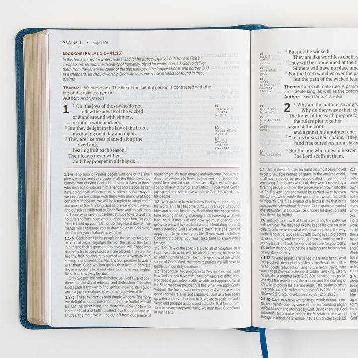 Open Bible to Psalms 1-2, showing the Book One introduction note, Psalm 1 text with cross-reference notes in the side column, and the start of Psalm 2 with accompanying study notes below.