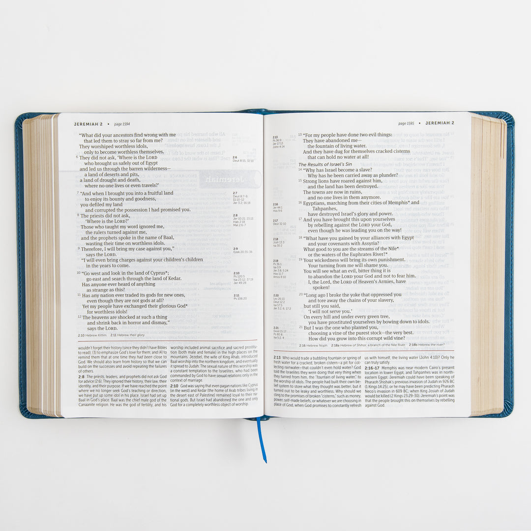 Open Bible to Jeremiah 2, showing plain two-column Scripture text with small side-column cross-references and no additional study features on this spread.