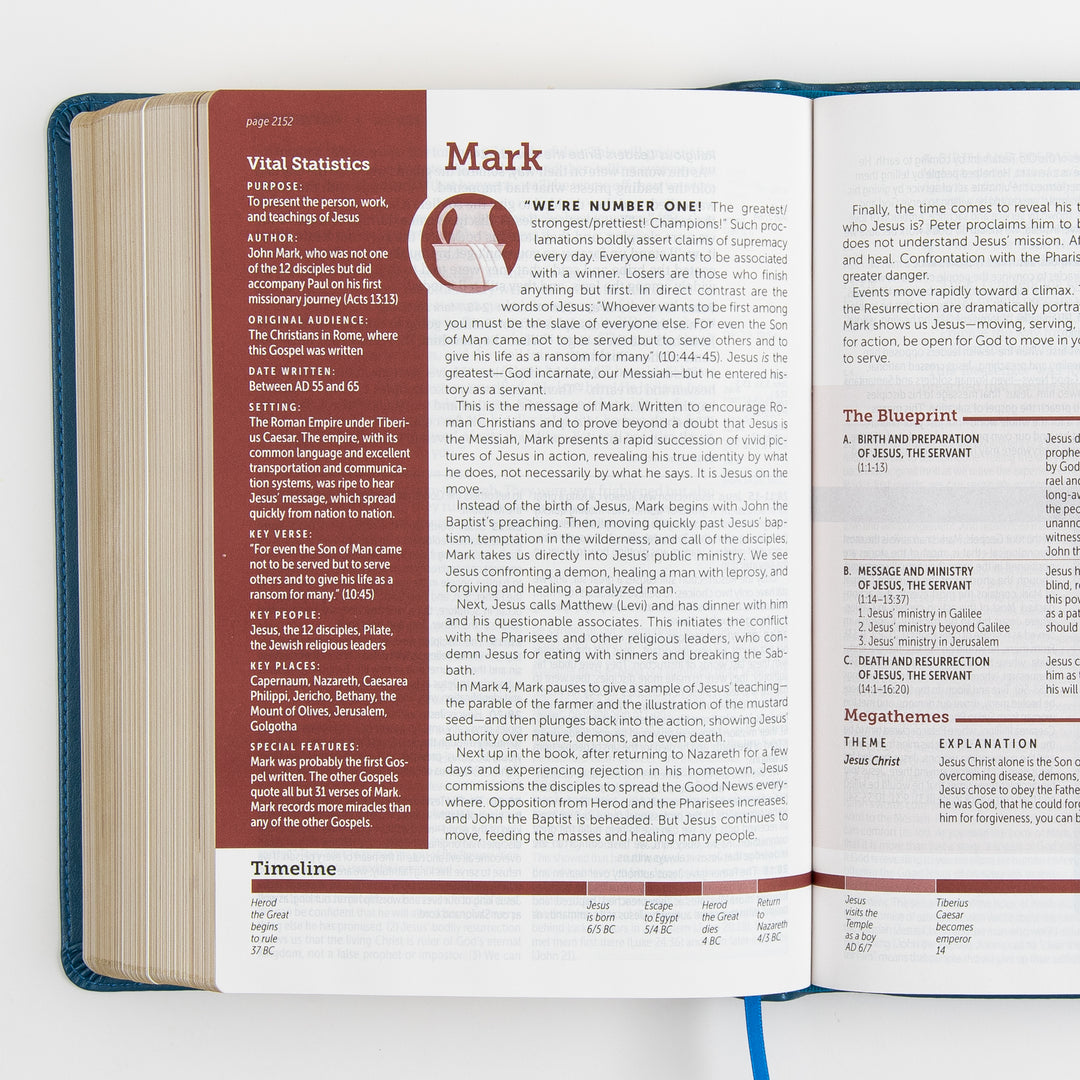 Open Bible to the introduction of the Gospel of Mark, showing a red &