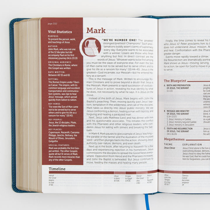 Open Bible to the introduction of the Gospel of Mark, showing a red &