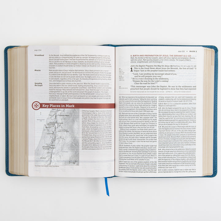 Open Bible to the start of Mark chapter 1, showing continued introductory notes with a &